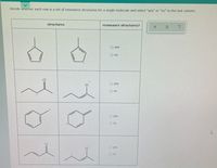 **Activity: Identifying Resonance Structures**

**Instructions:**
Decide whether each row is a set of resonance structures for a single molecule and select "yes" or "no" in the last column.

---

**1. Row 1:**

- **Structures:**
  - The first structure shows a five-membered ring (cyclopentadienyl) with two adjacent double bonds and a negative charge on an external bond.
  - The second structure also shows a five-membered ring (cyclopentadiene) with a negative charge on the same external bond but no double bonds within the ring.

- **Resonance Structures?:**
  - Options: 
    - ☐ yes
    - ☐ no
   
---

**2. Row 2:**

- **Structures:**
  - The first structure represents a butanone-like molecule with a carbonyl group (C=O) and a negative charge on the adjacent carbon.
  - The second structure is similar but with the negative charge on the oxygen within the carbonyl group.

- **Resonance Structures?:**
  - Options:
    - ☐ yes
    - ☐ no

---

**3. Row 3:**

- **Structures:**
  - The first structure is a benzene ring with a positive charge next to a single bond outside the ring.
  - The second structure is similar but displays the positive charge inside the ring, positioned near alternating double bonds.

- **Resonance Structures?:**
  - Options:
    - ☐ yes
    - ☐ no

---

**4. Row 4:**

- **Structures:**
  - The first structure is identical to the first structure of Row 2, showing a carbonyl group with a negative charge on the adjacent carbon.
  - The second structure shifts the negative charge to the oxygen in the carbonyl group, similar to the second structure of Row 2, but with a positive charge on the carbon.

- **Resonance Structures?:**
  - Options:
    - ☐ yes
    - ☐ no

---

**Note:** 
Visualize each row to determine if the chemical structures can exist as resonance forms of each other, which involve the delocalization of electrons across the molecule without breaking any sigma bonds.