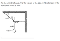 As shown in the figure, find the weight of the object if the tension in the
horizontal chord is 30 N.
40°
50°
cord 2
30 N
cord I
weight = w
