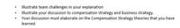 Illustrate team challenges in your explanation
Illustrate your discussion to compensation strategy and business strategy.
Your discussion must elaborate on the Compensation Strategy theories that you have
learned
