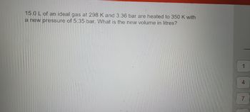 ### Problem Statement

15.0 L of an ideal gas at 298 K and 3.36 bar are heated to 350 K with a new pressure of 5.35 bar. What is the new volume in litres?

### Explanation

This question involves an ideal gas undergoing changes in temperature and pressure. To find the new volume, we can use the combined gas law:

\[
\frac{P_1 V_1}{T_1} = \frac{P_2 V_2}{T_2}
\]

Where:
- \( P_1 \): Initial pressure = 3.36 bar
- \( V_1 \): Initial volume = 15.0 L
- \( T_1 \): Initial temperature = 298 K
- \( P_2 \): Final pressure = 5.35 bar
- \( T_2 \): Final temperature = 350 K
- \( V_2 \): Final volume (unknown)

### Steps to Solve:

1. **Rearrange the combined gas law to solve for the final volume (\( V_2 \))**:

\[
V_2 = \frac{P_1 V_1 T_2}{P_2 T_1}
\]

2. **Substitute the given values into the equation**:

\[
V_2 = \frac{(3.36 \, \text{bar}) \times (15.0 \, \text{L}) \times (350 \, \text{K})}{(5.35 \, \text{bar}) \times (298 \, \text{K})}
\]

### Mathematical Solution:

\[
V_2 = \frac{(3.36) \times (15.0) \times (350)}{(5.35) \times (298)}
\]

Calculate step by step:

1. **Numerator Calculation**:

\[
3.36 \times 15.0 = 50.4
\]
\[
50.4 \times 350 = 17640
\]

2. **Denominator Calculation**:

\[
5.35 \times 298 = 1594.3
\]

3. **Final Volume Calculation**:

\[
V_2 = \frac{17640}{1594.3} \approx 11.06 \, \text{L}
\]

### Final