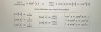 sin(x)
cos(x)cot(x)
tan² (x)
tan(x)
cot(x)
+ sec(x) cos(x) = sec² (x)
or
Cos (x
Some identities you might find helpful:
esc(x)
1
CSC X
sin(x)
tan
(x) :
sin(x)
cos(x)
sin x + cos- x = 1
,2
1
sec x
1+ tan² x = sec²x
1 + cot²x = csc²x
cos(x)
(x):
cot(x) :
cos(x)
sin(x)
1
cot x
X.
tan(x)
