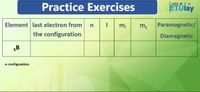 Practice Exercises
ETUlay
Element last electron fromn
I m,
m,
Paramagnetic/
the configuration
Diamagnetic
5B
e-configuration
