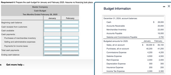 Requirement 4. Prepare the cash budget for January and February 2025. Assume no financing took place.
Baxter Company
Cash Budget
Two Months Ended February 28, 2025
Budget Information
Beginning cash balance
Cash receipts from customers
Cash available
Cash payments:
Purchases of merchandise inventory
Selling and administrative expenses
Payments for income taxes
Total cash payments
Ending cash balance
S
Get more help
January
February
-
☑
December 31, 2024, account balances:
Cash
Accounts Receivable
28,000
20,000
Merchandise Inventory
Accounts Payable
22,000
16,000
Salaries and Commissions Payable
2,750
Budgeted amounts for 2025:
January
February
Sales, all on account
$
84,000 $
84,100
Purchases, all on account
40,200
41,200
Commissions Expense
4,200
4,205
Salaries Expense
4,500
4,500
Rent Expense
2,000
2,000
Depreciation Expense
300
300
Insurance Expense
200
200
Income Tax Expense
2,300
2,300