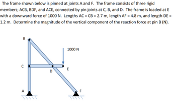 The frame shown below is pinned at joints A and F. The frame consists of three rigid
members; ACB, BDF, and ACE, connected by pin joints at C, B, and D. The frame is loaded at E
with a downward force of 1000 N. Lengths AC = CB = 2.7 m, length AF = 4.8 m, and length DE =
1.2 m. Determine the magnitude of the vertical component of the reaction force at pin B (N).
C
B
A
D
1000 N
E
F