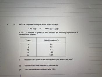 6
(a)
N₂Os decomposes in the gas phase by the reaction:
2 N₂O₁ (g)
4 NO₂ (g) + O₂(g)
At 25°C, a sample of gaseous N:Os showed the following dependence of
concentration on time:
Time/h
0
5
10
15
20
[N:O)/(mmol dm³)
8.0
4.3
2.3
1.20
0.64
Determine the order of reaction by plotting an appropriate graph
Determine the rate constant for this reaction.
Find the concentration of NO₂ after 25 h.