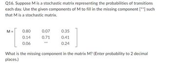 Q16. Suppose M is a stochastic matrix representing the probabilities of transitions
each day. Use the given components of M to fill in the missing component [**] such
that M is a stochastic matrix.
M =
0.80
0.14
0.06
0.07
0.71
**
0.35
0.41
0.24
What is the missing component in the matrix M? (Enter probability to 2 decimal
places.)