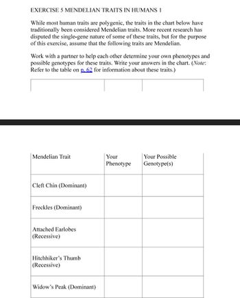 EXERCISE 5 MENDELIAN TRAITS IN HUMANS 1
While most human traits are polygenic, the traits in the chart below have
traditionally been considered Mendelian traits. More recent research has
disputed the single-gene nature of some of these traits, but for the purpose
of this exercise, assume that the following traits are Mendelian.
Work with a partner to help each other determine your own phenotypes and
possible genotypes for these traits. Write your answers in the chart. (Note:
Refer to the table on p. 62 for information about these traits.)
Mendelian Trait
Cleft Chin (Dominant)
Freckles (Dominant)
Attached Earlobes
(Recessive)
Hitchhiker's Thumb
(Recessive)
Widow's Peak (Dominant)
Your
Your Possible
Phenotype Genotype(s)