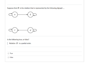 Suppose that R is the relation that is represented by the following digraph ...
Is the following true, or false?
Relation R is a partial order.
O True
O False