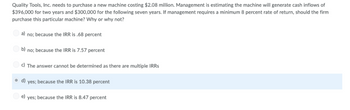 Quality Tools, Inc. needs to purchase a new machine costing $2.08 million. Management is estimating the machine will generate cash inflows of
$396,000 for two years and $300,000 for the following seven years. If management requires a minimum 8 percent rate of return, should the firm
purchase this particular machine? Why or why not?
a) no; because the IRR is .68 percent
b) no; because the IRR is 7.57 percent
c) The answer cannot be determined as there are multiple IRRs
d) yes; because the IRR is 10.38 percent
e) yes; because the IRR is 8.47 percent