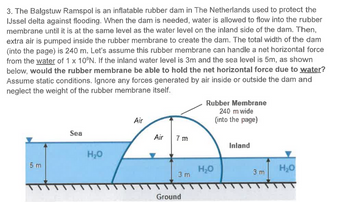 3. The Balgstuw Ramspol is an inflatable rubber dam in The Netherlands used to protect the
IJssel delta against flooding. When the dam is needed, water is allowed to flow into the rubber
membrane until it is at the same level as the water level on the inland side of the dam. Then,
extra air is pumped inside the rubber membrane to create the dam. The total width of the dam
(into the page) is 240 m. Let's assume this rubber membrane can handle a net horizontal force
from the water of 1 x 10°N. If the inland water level is 3m and the sea level is 5m, as shown
below, would the rubber membrane be able to hold the net horizontal force due to water?
Assume static conditions. Ignore any forces generated by air inside or outside the dam and
neglect the weight of the rubber membrane itself.
Air
Rubber Membrane
240 m wide
(into the page)
5 m
Sea
H₂O
Air
7 m
Inland
H₂O
H₂O
3 m
3 m
Ground