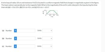 A wire loop of radius 18 cm and resistance 9.6 is located in a uniform magnetic field that changes in magnitude as given in the figure.
The loop's plane is perpendicular to the magnetic field. What is the magnitude of the emf in volts induced in the loop during the time
intervals (a) t = 0 to 2.0 s; (b) 2.0 s to 4.0 s; and (c) 4.0 s to t = 6.0 s?
(a) Number i
(b) Number
(c) Number
i
Units
Units
Units
B (T)
0.5
0
2.0
4.0 6.0
/ (s)