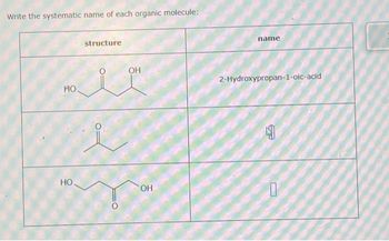 Write the systematic name of each organic molecule:
HO
HO.
structure
i
i
OH
OH
name
2-Hydroxypropan-1-oic-acid