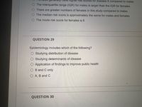 Higher isk scores for disease X compared to males
The interquartile range (IQR) for males is larger than the IQR for females
There are greater numbers of females in this study compared to males
The median risk score is approximately the same for males and females
The mode risk score for females is 6
QUESTION 29
Epidemiology includes which of the following?
Studying distribution of disease
Studying determinants of disease
Application of findings to improve public health
B and C only
O A, B and C
QUESTION 30
