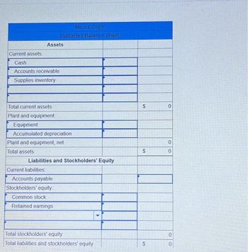 Current assets:
Cash
Accounts receivable
Supplies inventory
Assets
Mecca Copy
Budgeted Balance Sheet
Total current assets
Plant and equipment
Equipment
Accumulated depreciation
Plant and equipment, net
Total assets
Current liabilities:
Liabilities and Stockholders' Equity
Accounts payable
Stockholders' equity
Common stock
Retained earnings
Total stockholders' equity
Total liabilities and stockholders' equity
$
$
SA
$
0
0
0
0
0