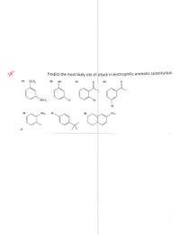 Predict the most likely site of attack in electrophilic aromatic substitution.
(a)
OCH,
(b) OH
(0)
(d)
OCH,
Br
Br
(0)
NO,
(9)
NH,
