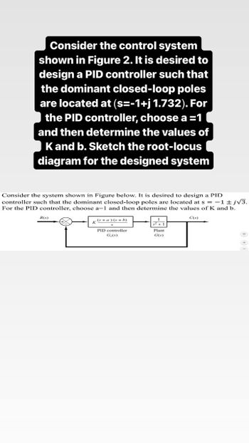 Consider the control system
shown in Figure 2. It is desired to
design a PID controller such that
the dominant closed-loop poles
are located at (s=-1+j 1.732). For
the PID controller, choose a =1
and then determine the values of
K and b. Sketch the root-locus
diagram for the designed system
Consider the system shown in Figure below. It is desired to design a PID
controller such that the dominant closed-loop poles are located at s = -1 ± j√3.
For the PID controller, choose a 1 and then determine the values of K and b.
R(s)
(s+a)(s+b)
K
PID controller
Ge(s)
32+1
Plant
G(s)
C(s)