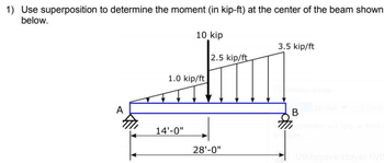 1) Use superposition to determine the moment (in kip-ft) at the center of the beam shown
below.
A
10 kip
1.0 kip/ft
14'-0"
2.5 kip/ft
28'-0"
3.5 kip/ft
B
Ippmadus ved hjelp av Modu
Utklippsverktøyet flyt