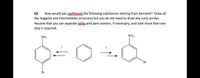 Q1.
How would you SXatbesize the following substances starting from benzene? Draw all
the reagents and intermediate structures but you do not need to draw any curly arrows.
Assume that you can separate extbe and para isomers, if necessary, and note more than one
step is required.
NO2
NO2
Br
Br
