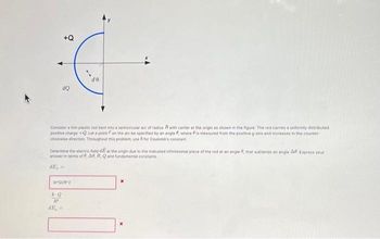 +Q
dQ
Consider a thin plastic rod bent into a semicircular arc of radius R with center at the origin as shown in the figure. The rod carries a unformly distributed
positive charge +Q. Let a point on the arc be specified by an angle, where is measured from the positive y axis and increases in the counter-
clockwise direction. Throughout this problem, usek for Coulomb's constant.
k-Q
Rª
Determine the electric field at the origin due to the indicated infinitesimal piece of the rod at an angle, that subtends an angle A. Express your
answer in terms of , AP, R, Q and fundamental constants
dE, -
(*1/2
dE
de