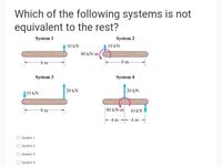 Which of the following systems is not
equivalent to the rest?
System 1
System 2
10 kN
80 kN-m
10 kN
8 m
-8 m-
System 3
System 4
110 kN
20 kN
| 20 kN
-8 m
|80 kN-m 10 kN
- 4 m--- 4 m-
System 1
System 2
System 3
System 4
