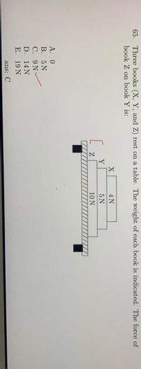 65. Three books (X, Y, and Z) rest on a table. The weight of each book is indicated. The force of
book Z on book Y is:
X
4N
Y
[
5 N
10N
А. 0
В. 5N
C. 9N
D. 14N
E. 19 N
ans: C
