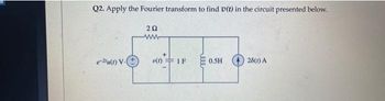 Q2. Apply the Fourier transform to find (t) in the circuit presented below.
e-21u(1) V.
292
www
v(1)
IF
0.5H
28(1) A