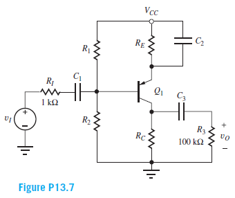 Vcc
RẸ
R1
R1
C3
1 k2
R2
R3
Rc
vo
100 k2
Figure P13.7
