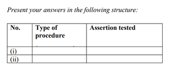 Present your answers in the following structure:
Type of
procedure
No.
(i)
(ii)
Assertion tested