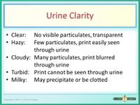 Urine Clarity
No visible particulates, transparent
Few particulates, print easily seen
through urine
• Cloudy: Many particulates, print blurred
through urine
Turbid: Print cannot be seen through urine
Milky: May precipitate or be clotted
• Clear:
• Hazy:
F.A. DAVIS
COMPANY
Copyright © 2014. F.A. Davis Company
