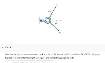 Part A
30%
Fi
Determine the magnitude of the resultant force FR = F1 + F2. Assume that F₁ = 240 lb and F2 = 375 lb. (Figure 1)
Express your answer to three significant figures and include the appropriate units.