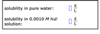 solubility in pure water:
L
solubility in 0.0010 M NaF
solution:
g
L
