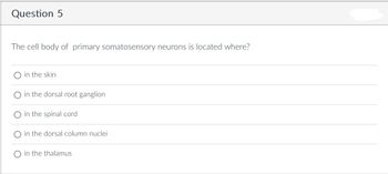 **Question 5**

The cell body of primary somatosensory neurons is located where?

- ○ in the skin
- ○ in the dorsal root ganglion
- ○ in the spinal cord
- ○ in the dorsal column nuclei
- ○ in the thalamus