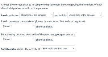 Choose the correct phrases to complete the sentences below regarding the functions of each
chemical signal secreted from the pancreas.
Insulin activates Beta Cells of the pancreas
Insulin promotes the uptake of glucose by muscle and liver cells, acting as a(n)
[Select]
chemical signal.
and inhibits Alpha Cells of the pancreas
By activating beta and delta cells of the pancreas, glucagon acts as a
[Select]
chemical signal.
Somatostatin inhibits the activity of
Both Alpha and Beta Cells