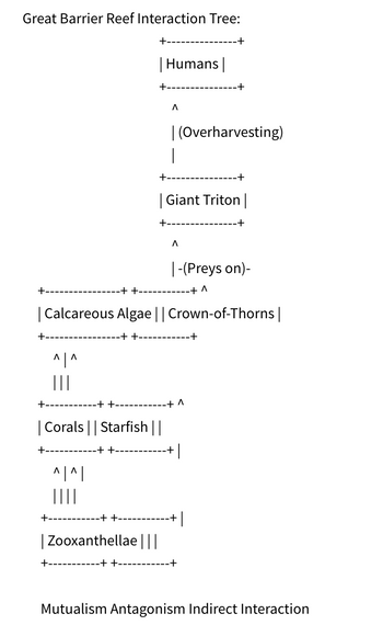 Great Barrier Reef Interaction Tree:
A
+
| Humans |
+
-++-
A
-+ +-
| (Overharvesting)
--+ +-‒‒‒‒‒‒----+ A
-+
| Giant Triton |
+
| Calcareous Algae || Crown-of-Thorns |
+-----------+
|-(Preys on)-
-+
-+^
| Corals || Starfish ||
·‒‒‒‒‒‒‒‒‒‒‒† †‒‒‒‒‒‒‒‒‒--+ |
^|^|
||||
|
| Zooxanthellae |||
+-------- -++- ‒‒‒‒‒‒‒‒+
Mutualism Antagonism Indirect Interaction
