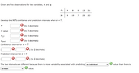 Given are five observations for two variables, x and y.
4
8 9
13
21
Yi
9.
19
7
25
Develop the 95% confidence and prediction intervals when x = 7.
(to 4 decimals)
t-value
(to 3 decimals)
(to 4 decimals)
Spred
(to 4 decimals)
Confidence Interval for x = 7
) (to 2 decimals)
Prediction Interval for x = 7
) (to 2 decimals)
The two intervals are different because there is more variability associated with predicting an individual
value than there is
a mean
value.
23
