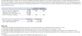 Sunspot Beverages, Limited, of Fiji uses the weighted-average method in its process costing system. It makes blended tropical fruit
drinks in two stages. Fruit juices are extracted from fresh fruits and then blended in the Blending Department. The blended juices are
then bottled and packed for shipping in the Bottling Department. The following information pertains to the operations of the Blending
Department for June.
Work in process, beginning
Started into production
Completed and transferred out
Work in process, ending
Work in process, beginning
Cost added during June
Units
66,000
333,000
323,000
76,000
Materials
Percent Completed
Materials
70%
$ 24,000
$ 257, 200
75%
Conversion
40%
Conversion
$ 8,300
$ 176,380
25%
Required:
1. Calculate the Blending Department's equivalent units of production for materials and conversion in June.
2. Calculate the Blending Department's cost per equivalent unit for materials and conversion in June.
3. Calculate the Blending Department's cost of ending work in process inventory for materials, conversion, and in total for June.
4. Calculate the Blending Department's cost of units transferred out to the Bottling Department for materials, conversion, and in total
for June.
5. Prepare a cost reconciliation report for the Blending Department for June.