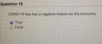 ## Question 15

COVID-19 has had a negative impact on the economy.

- [ ] True  
- [ ] False