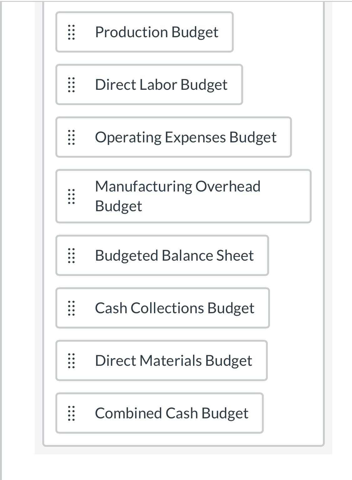 E Production Budget
E Direct Labor Budget
| Operating Expenses Budget
Manufacturing Overhead
Budget
| Budgeted Balance Sheet
E Cash Collections Budget
E Direct Materials Budget
E Combined Cash Budget
