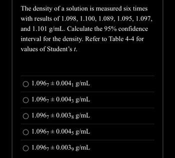 The density of a solution is measured six times
with results of 1.098, 1.100, 1.089, 1.095, 1.097,
and 1.101 g/mL. Calculate the 95% confidence
interval for the density. Refer to Table 4-4 for
values of Student's t.
O 1.0967 ± 0.004₁ g/mL
O 1.0967 ± 0.0043 g/mL
O 1.0967±0.0038 g/mL
O 1.0967 ± 0.0045 g/mL
O 1.0967 ± 0.0039 g/mL