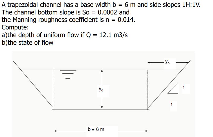 Answered: A trapezoidal channel has a base width… | bartleby