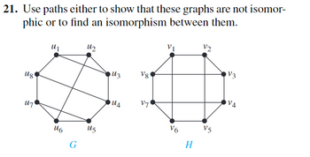 21. Use paths either to show that these graphs are not isomor-
phic or to find an isomorphism between them.
18
U6
G
12
U5
13
UA
V8
V7'
V6
H
V2
V5
V3
VA