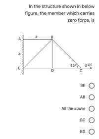 In the structure shown in below
figure, the member which carries
zero force, is
a
450
2 kN
C
BE O
AB O
All the above
BC
BD O
B.
