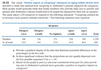 10.32 The article "Positive Aspects of Caregiving" (Research on Aging (2004) 26:429–453)
describes a study that assessed how caregiving to Alzheimer's patients impacted the caregivers.
Most people would generally think that family members who provide daily care to parents and
spouses with Alzheimer's disease would tend to be negatively impacted by their role as caregiver.
The study asked 1,229 caregivers to respond to the following statement: “Caregiving enabled me
to develop a more positive attitude toward life." The following responses were reported:
Response
Disagree
Disagree
Agree
Agree
a Lot
a Little
No Opinion
a Little
a Lot
Total
Number
166
116
171
234
542
1,229
% of total
13.5
9.4
13.9
19.2
44.1
100
a. Provide a graphical display of the data that illustrates potential differences in the
percentages in the five cells.
b. Is there significant evidence that the proportions are not equally dispersed over
the five possible responses? Use a = .05.
c. Based on the graph in part (a) and your conclusions from part (b), does provid-
ing care to Alzheimer's patients have generally a positive or negative impact on
caregivers?
