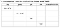 4. Complete the table. Classify each solution (each row) as acidic, neutral, or basic.
[H*]
[OH-]
pH
pOH
acidic/basic/neutral
2.0 x 10-9 M
1.0 x 10-7 M
4.20
12.00
