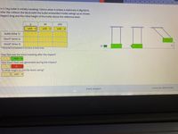 50
51
52
53
54
55
56
57
58
59
61
A 0.12kg bullet is initially traveling 120m/s when it strikes a stationary 4.3kg block.
After the collision the block (with the bullet embedded inside) swings up as shown.
Neglect drag and the initial height of the bullet above the reference level.
KE
GPE
unit
unit
unit
bullet (time 1)
block* (time 2)
block* (time 3)
h
* The bullet is embedded in the block at these times.
How fast was the block traveling after the impact?
m/s
How much heat was generated during the impact?
To what height (h) did the block swing?
unit
check answers
cannot be determined
