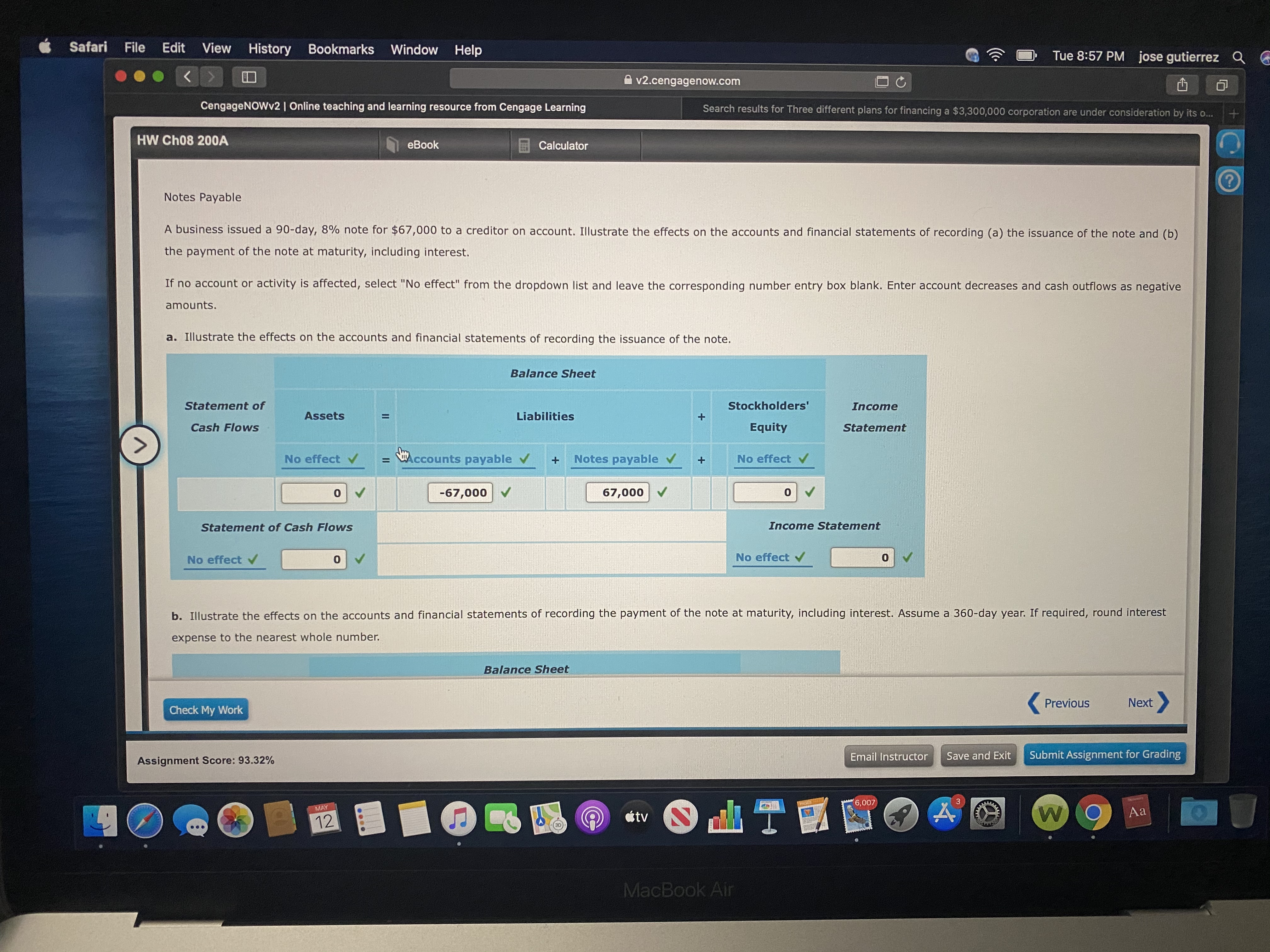 Nates Payable
A business issued a 90-day, 6% nole for $67,000 bo a creditor on account, [llustrate the effacts on the accounts and finannal statamants of recording (a) L'ie ssuance at the note and (b)
the payment of the rote at maturity, including interest
If ne accaunt or activity is affacted, selact "Na affect from the drapdewn list and eave the correspording umber entry box alar k. Enter account cecreeses end cash outfiows as negative
amcunts.
