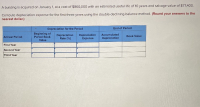 A building is acquired on January 1, at a cost of $860,000 with an estimated useful life of 10 years and salvage value of $77,400.
Compute depreciation expense for the first three years using the double-declining-balance method. (Round your answers to the
nearest dollar.)
Depreclation for the Period
End of Period
Beginning of
Poriod Book
Value
Depreciation
Rate (%)
Depreciation
Expense
Accumulated
Annual Period
Book Value
Depreclation
First Year
Second Year
Third Year
