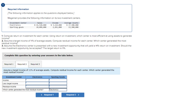Required information
[The following information applies to the questions displayed below.]
Megamart provides the following information on its two investment centers.
Investment Center
Electronics
Average Assets
$ 17,300,000
13,300,000
Sporting goods
Sales
$ 41,520,000
18,088,000
1. Compute return on investment for each center. Using return on investment, which center is most efficient at using assets to generate
income?
Income
$ 3,114,000
2,261,000
2. Assume a target income of 11% of average assets. Compute residual income for each center. Which center generated the most
residual income?
3. Assume the Electronics center is presented with a new investment opportunity that will yield a 14% return on investment. Should the
new investment opportunity be accepted? The target return is 11%.
Complete this question by entering your answers in the tabs below.
Required 1 Required 2 Required 3
Assume a target income of 11% of average assets. Compute residual income for each center. Which center generated the
most residual income?
Investment Center
Electronics
Income
Less target income
Residual income
Which center generated the most residual income?
Sporting Goods
Electronics
< Required 1
Required 3 >