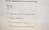 Find the original data from the stem-and-leaf plot.
Stem Leaves
18
167
19
138
20
17
1) 181, 186, 187, 191, 193, 198, 201, 207
2) 18167, 19138, 2017
3) 19, 24, 25, 20, 22, 27, 21, 27
4) 181, 186, 197, 191, 193, 198, 201, 217
