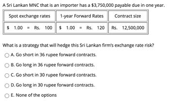 A Sri Lankan MNC that is an importer has a $3,750,000 payable due in one year.
Spot exchange rates
1-year Forward Rates
Contract size
$ 1.00
Rs. 100
$ 1.00 = Rs. 120 Rs. 12,500,000
What is a strategy that will hedge this Sri Lankan firm's exchange rate risk?
A. Go short in 36 rupee forward contracts.
B. Go long in 36 rupee forward contracts.
C. Go short in 30 rupee forward contracts.
D. Go long in 30 rupee forward contracts.
E. None of the options